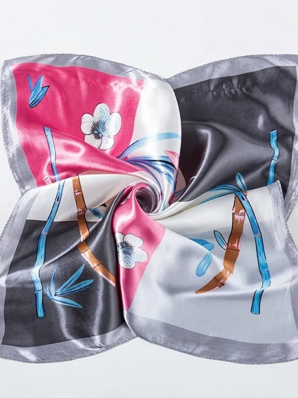 2/$30 NWT Satin Silk Square Scarf Floral Bamboo Pink Gray Neck Head Scarf 50x50